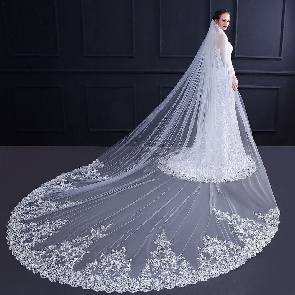 DAIHAN Donna Paillettes Squisite a Coda Lunga Morbida Velo da Sposa con Bordo in Pizzo con Pettine Caduta della lunghezza della Cattedrale per la festa dell'abito da ballo