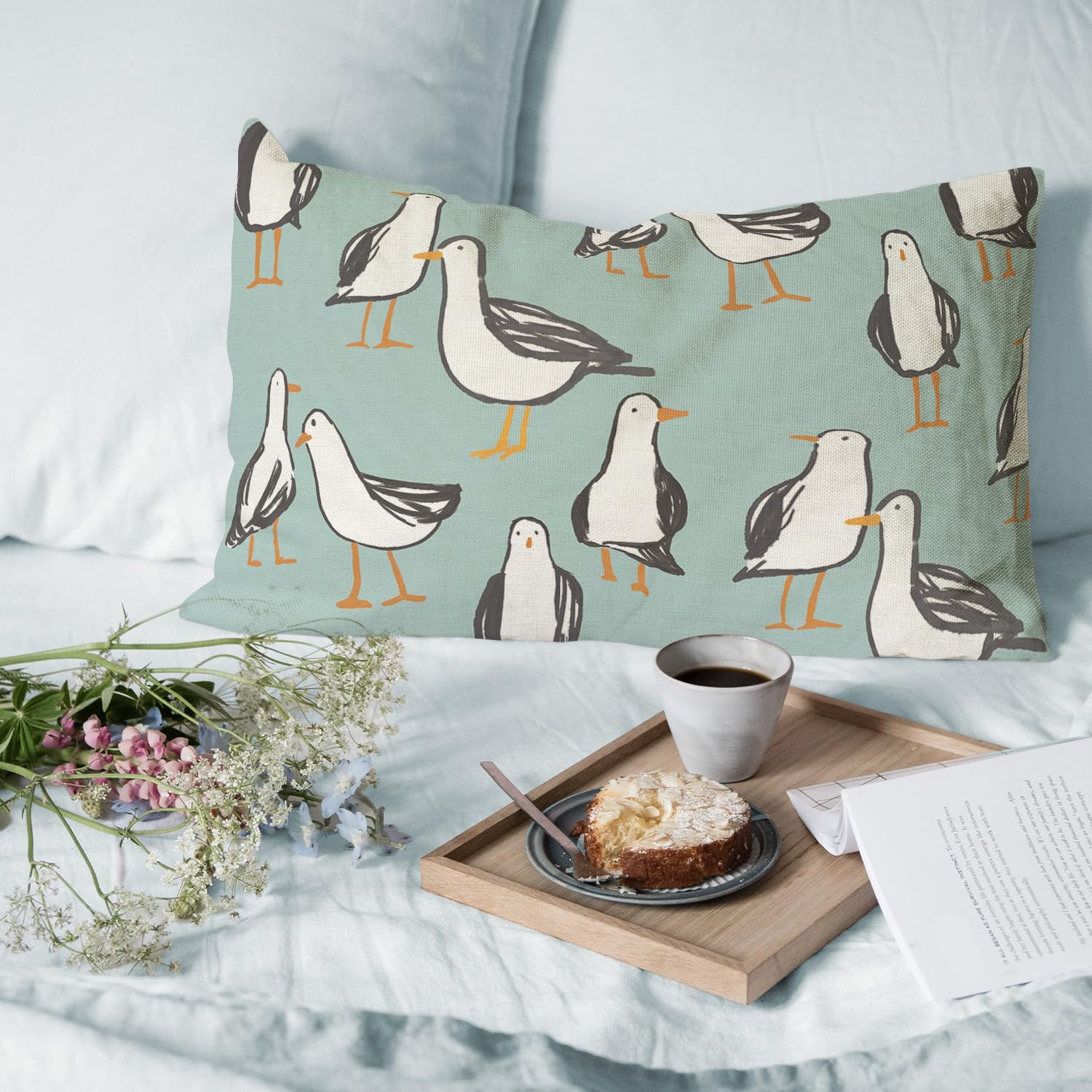 Seagull Handdrawn Illustration Beach Theme Throw Pillow Covers 12x20 Inch for Outdoor Chair Cushion Cover Sofa Couch Bed Blue - Image 3
