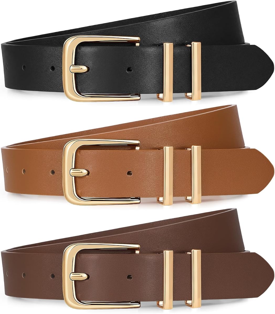 XZQTIVE Paquete de 3 Cinturones de Mujer para Jeans Vestidos Pantalones Cinturón de Cuero para Mujer con Hebilla Dorada