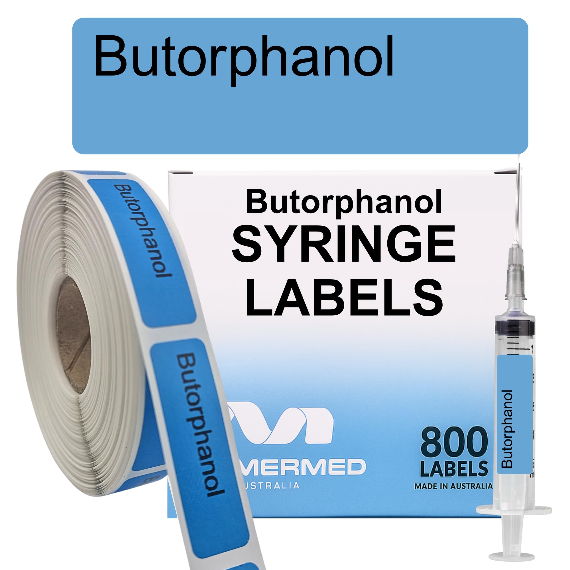 Butorphanol Syringe Labels - Box of 800 Labels on Roll (1" core). 12mm x 40mm (Approx 0.5" x 1.5"). Latex-Free Permanent Adhesive. Printed in Australia by Specialist Medical Printer