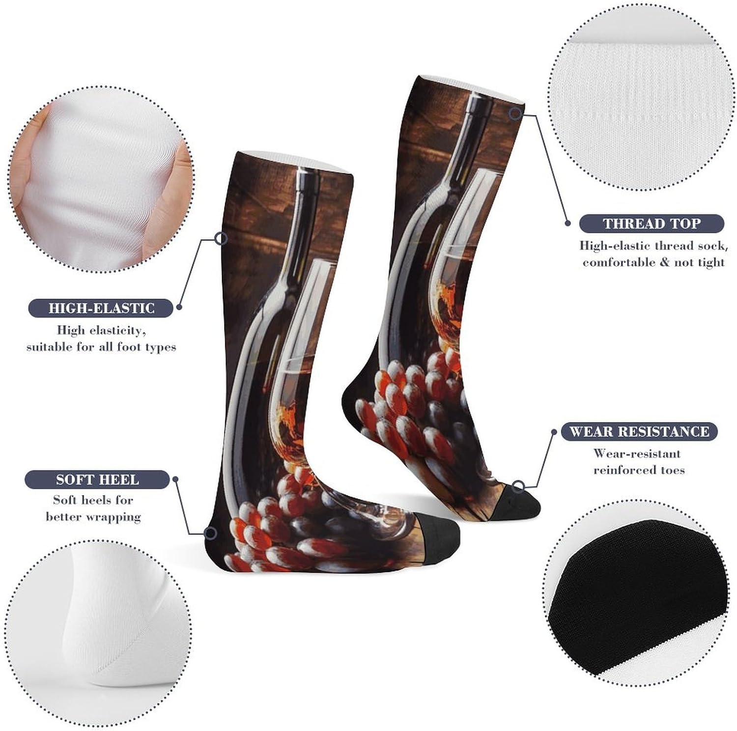 Art Red Wine Galsses & Grapes Crew Socks Calf Socks Athletic Crew Sock