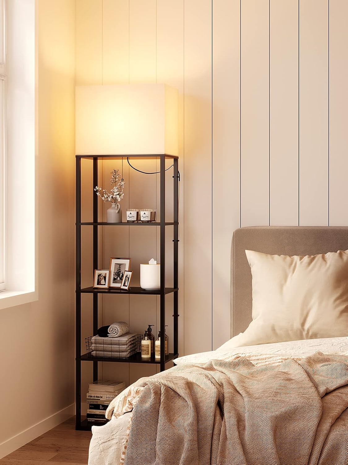 addlon Floor lamp with Shelves Super Large Size (19''W), 5-Tier Modern Floor lamp with 3 Color Temperatures LED Bulb, Display Shelf lamp for Living Room, Bedroom and Office - Black