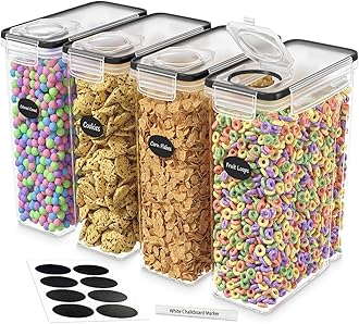 DWËLLZA KITCHEN Cereal Containers Storage 4L Set of 4 Airtight Food Storage Containers with Lids Cereal Dispenser Countertop Pantry Organization Canister for Rice Flour & Sugar 1 Marker 8 Labels