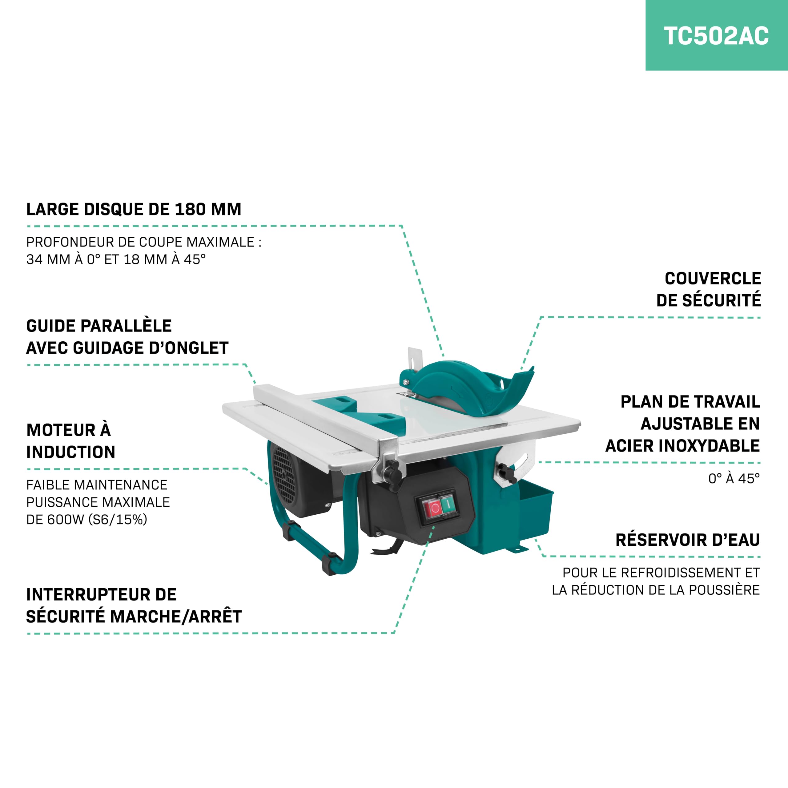VONROC Coupe-Carreaux 600W – Table Inclinable 0–45° – Lame Diamant Ø180mm – Réservoir d’Eau – Guide Parallèle & Onglet – Scie Carrelage Compacte