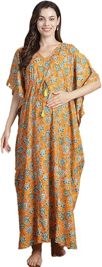 Secret Wish Orange Floral Cotton Maternity Kaftan/Free Size/Feeding/Nursing/Zipper/Drawstring/Printed/Full Length