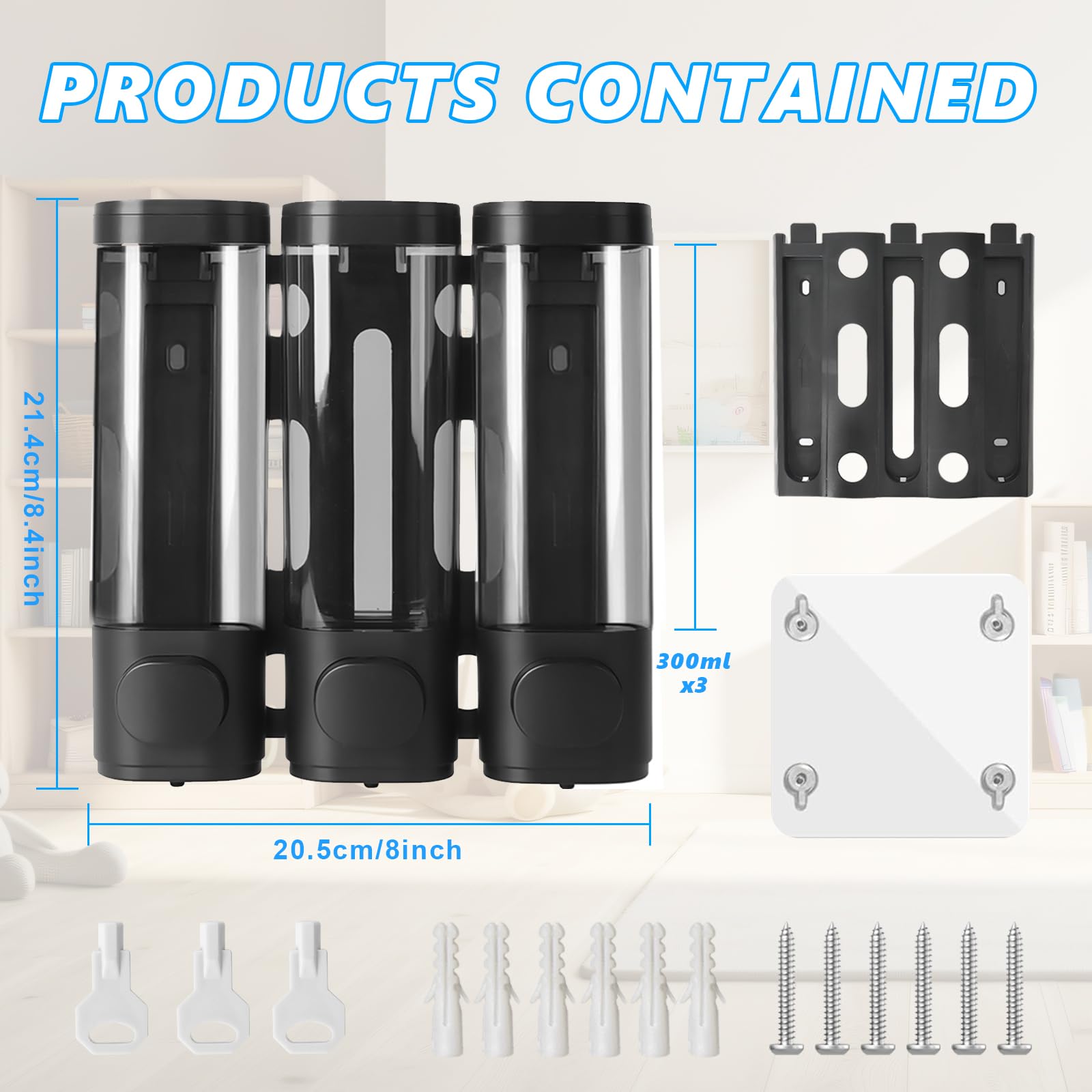 Janxin 3 stuks zeepdispensers, wandmontage, 500 ml, muur zonder boren, zeepdispenser wit, wasmiddeldispenser voor keuken en badkamer (Transparante fles witte bamboe kop