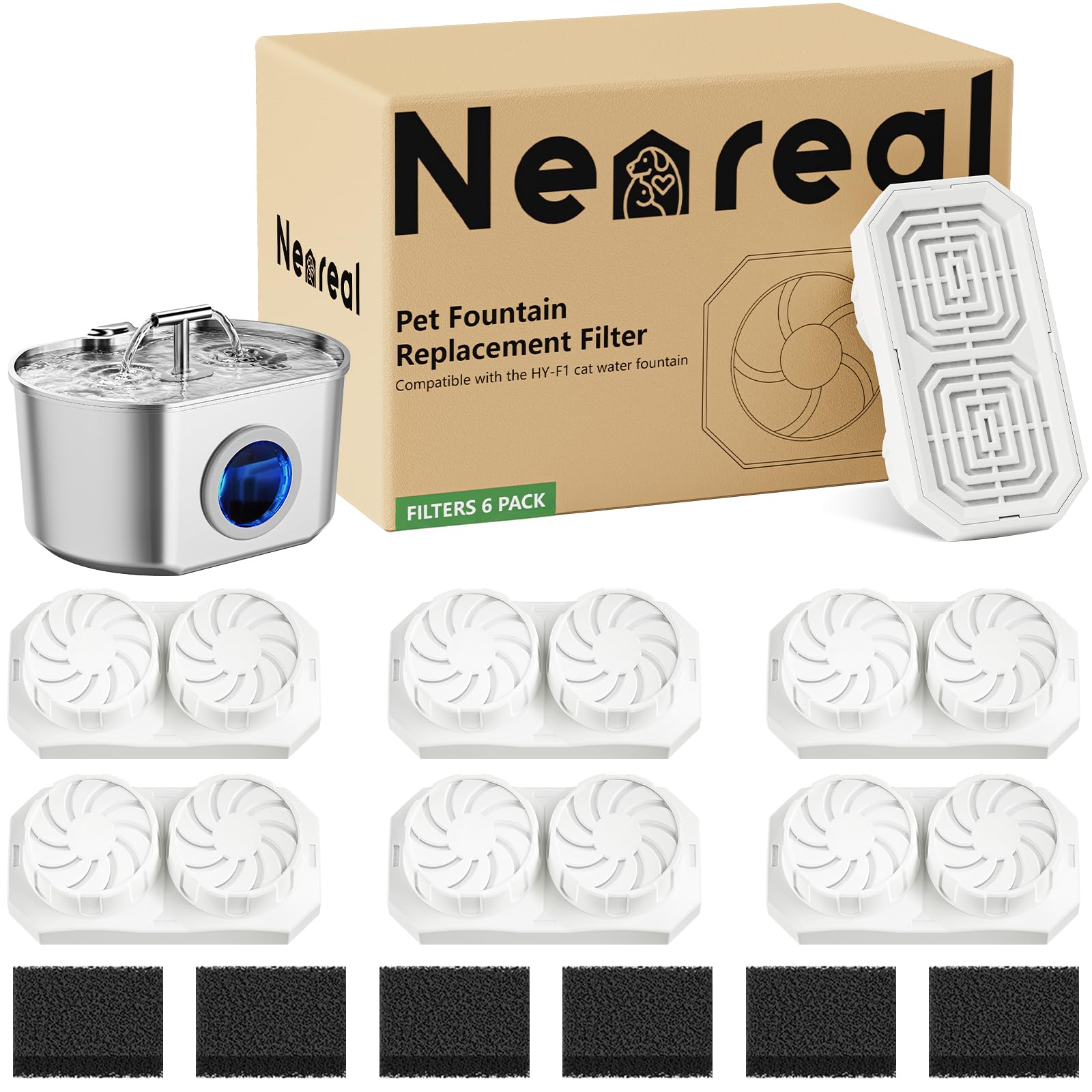 View 1 of Neareal 6-Pack Replacement Filters for Pet Fountain