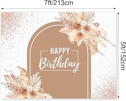 Miniatura 2 de VitalCozy Telón de fondo de feliz cumpleaños de 7 x 5 pies, color rosa y dorado rosa de las pampas, fondo floral de confeti con purpurina,