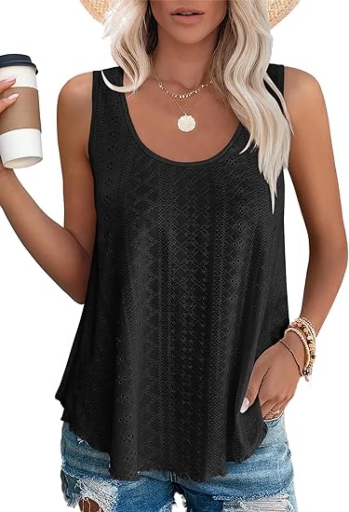 Meow Meow LaceWomen's Tank Tops Sleeveless Eyelet Embroidery Scoop Neck Shirts Loose Fit Flowy Casual Blouses