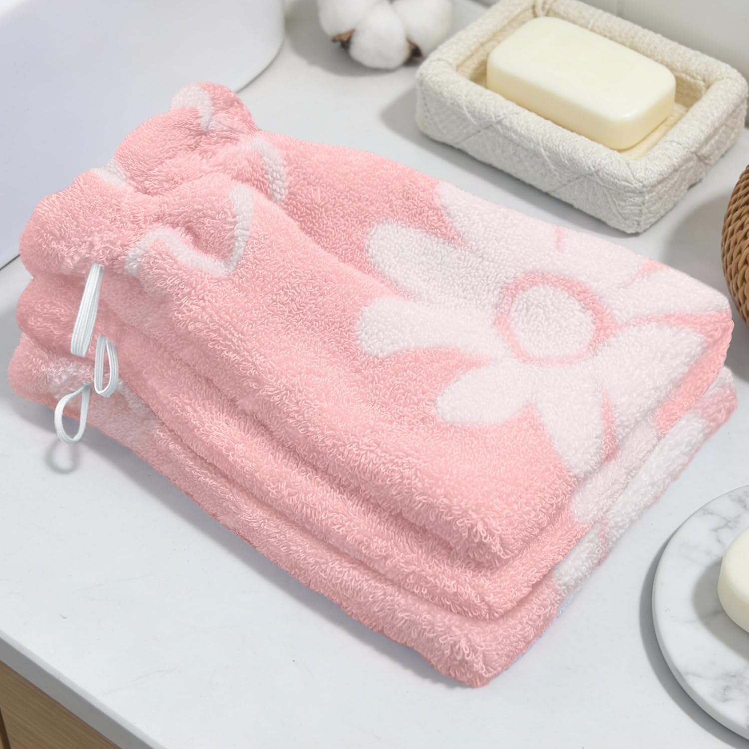 VOOVA & MOVAS 3-Pack Shower Wash Cloth, 100% Cotton Soft Absorbent Bath Mitts with Hanging Loop, 8.3x6.3 Inch European Style Bathing Gloves for Body & Spa, Blue Daisy