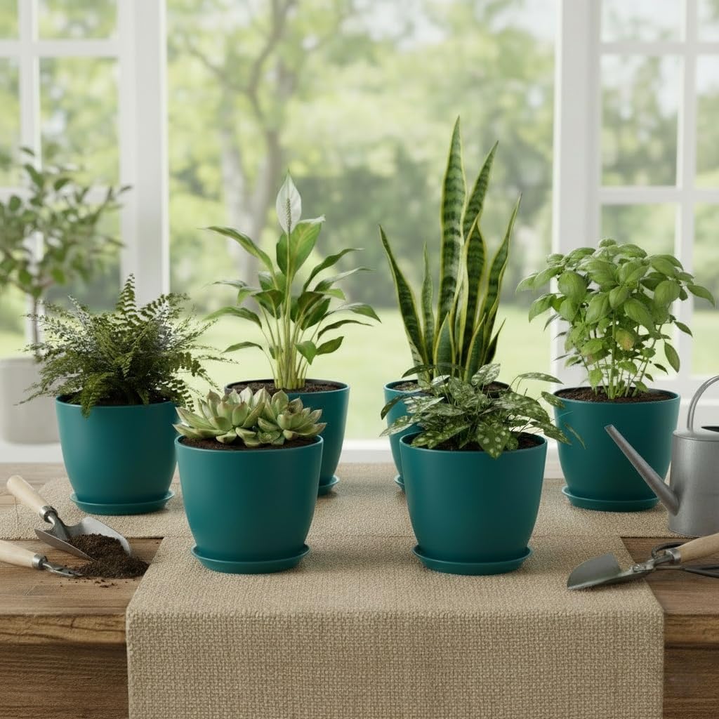 Vanslogreen Plant Pots 8 Inch Set of 6, Flower Pots with Drainage Holes and Saucer, Plastic Garden Planters for Indoor & Outdoor Plants (Deep Green)