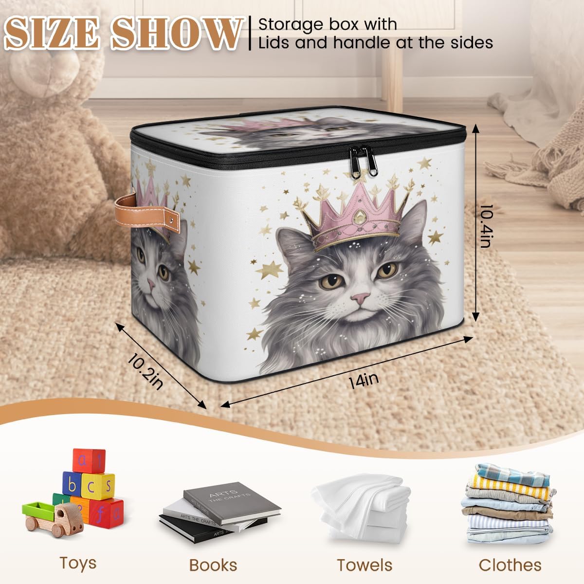 Storage Bin Set of 2 Kitten Queen Storage Basket with Zipper Lid & Handle Foldable Closet Shelf 2 Pack Cloth Organizer Basket Cube Bins Clothes Organizer for Bedroom, Nursery