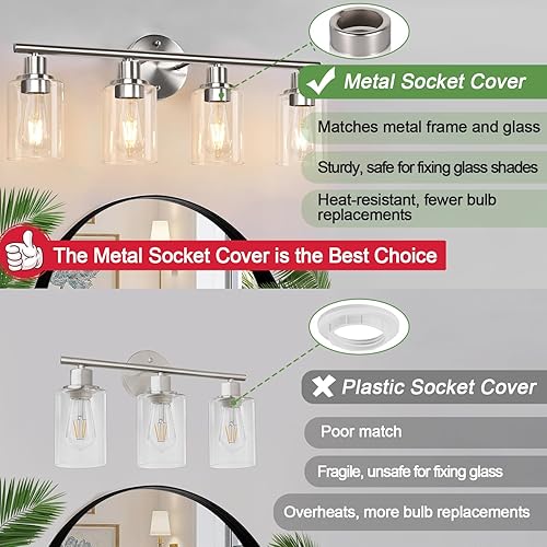 Miniatura 5 de Lámparas de baño de 4 luces, níquel cepillado, modernas luces de tocador sobre espejo con pantalla de vidrio transparente, lámpara de pared de baño