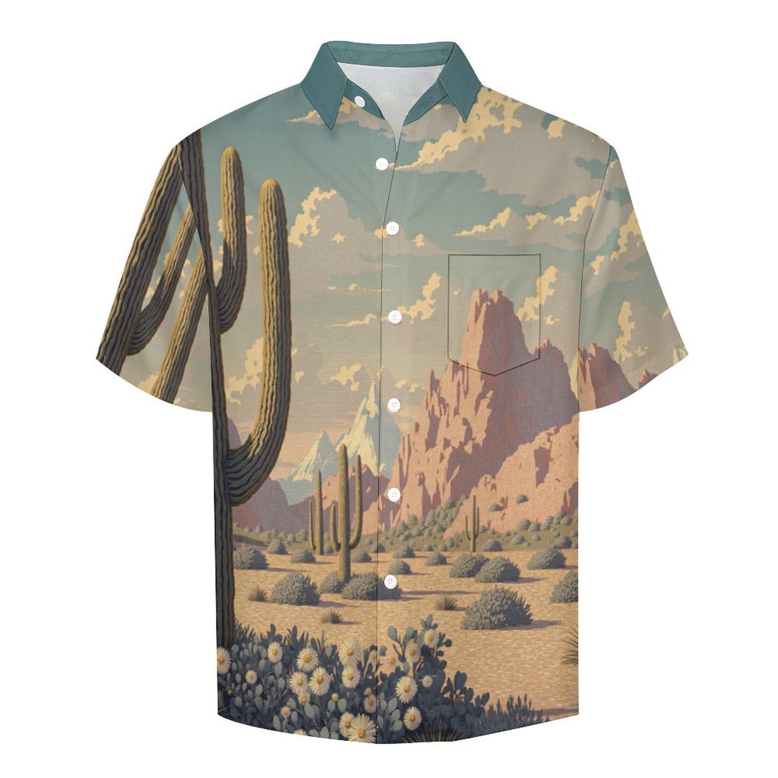 Camicia Casual da Uomo, Illustrazione retrò Stampa Maglietta Estiva a Maniche Corte Stile Cactus del Deserto Casual Button Down Hawaiani Camicie Risvolto Spiaggia Top