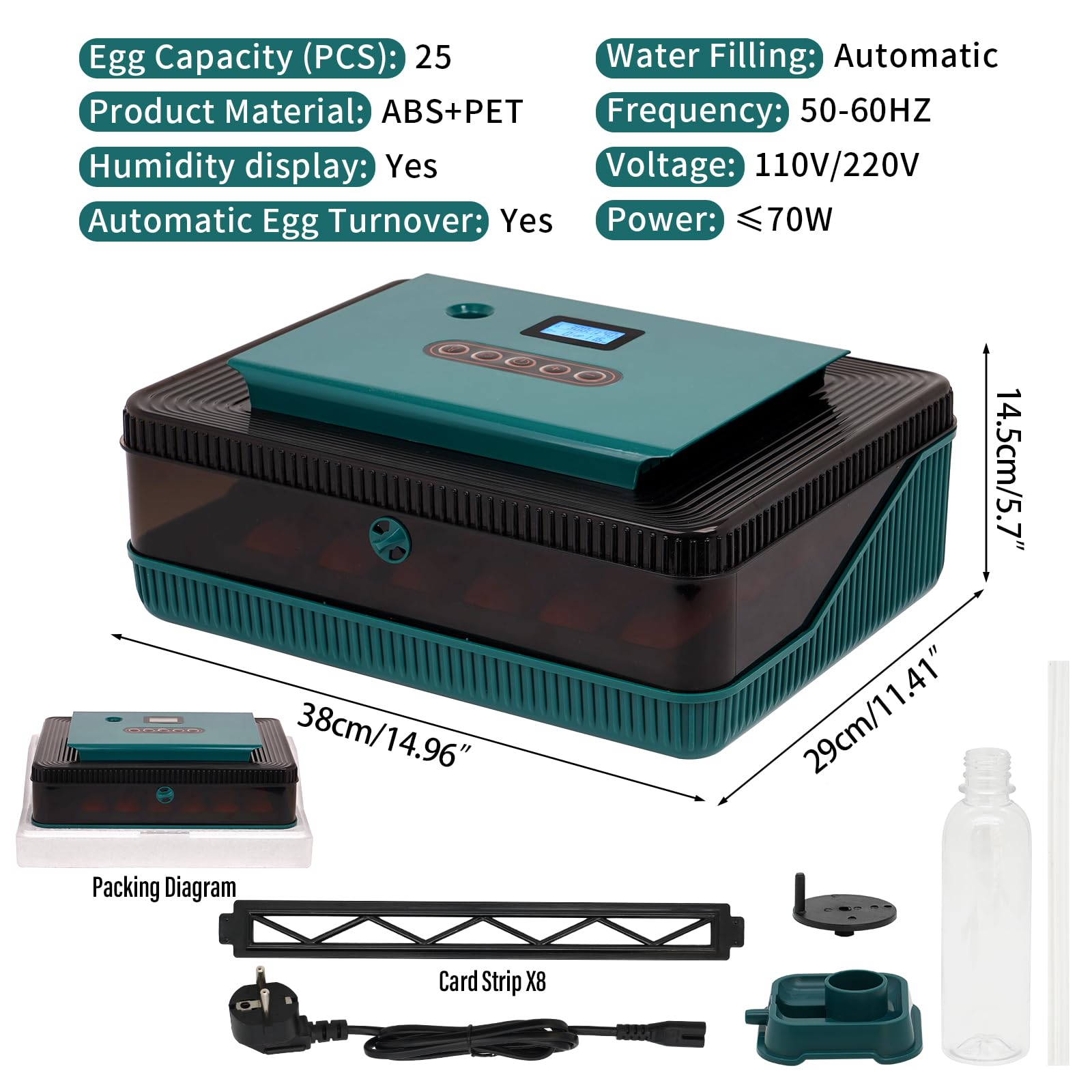 Incubatrice Automatica da 25 Uova con Display Led Multifunzione, Rovesciamento Automatico Delle Uova e Controllo Della Temperatura e Dell'Umidità, Adatta Per la Cova di Polli, Anatre e Oche