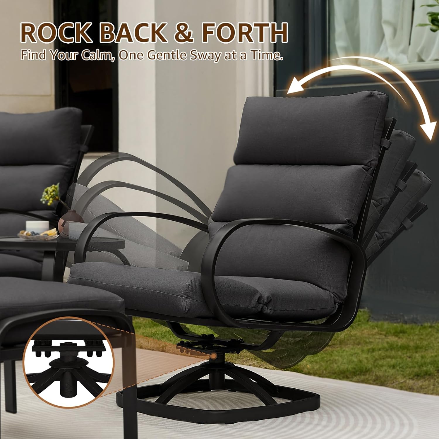 NATURAL EXPRESSIONS Patio Furniture Set, 5 Pieces Outdoor Swivel Rocker with Ottoman, High Back, Deep Seating with 5" Olefin Cushion, Patio Rocking Chairs for Porch, Backyard (Dark Grey)