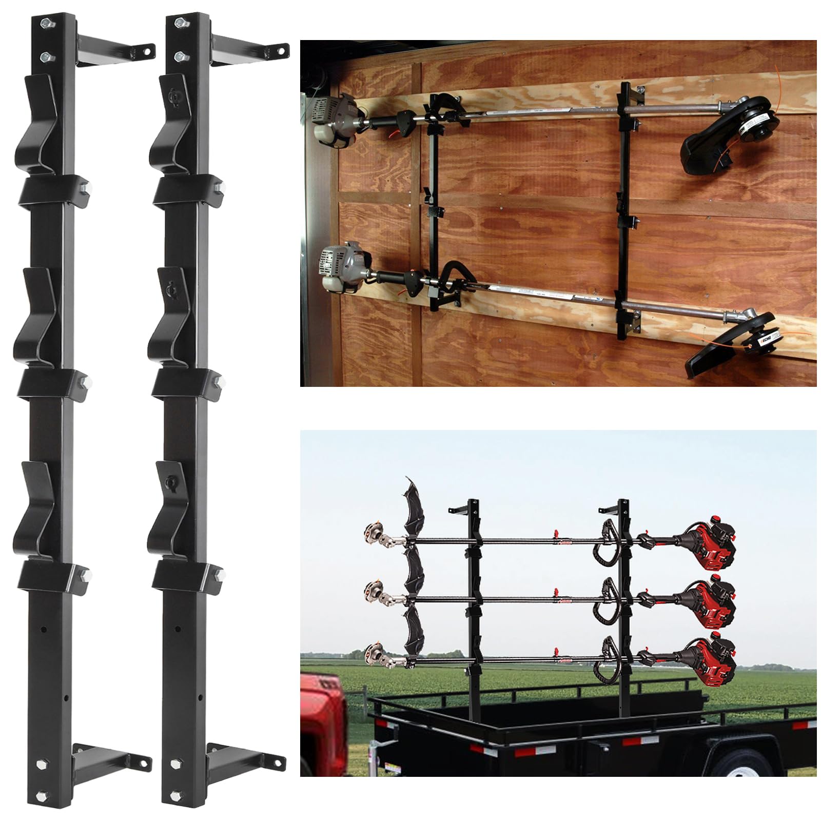 Trimmer Rack, 3 Place Heavy Duty Weedeater Rack for Walls, Open and Enclosed Trailers with Locks, Black Steel
