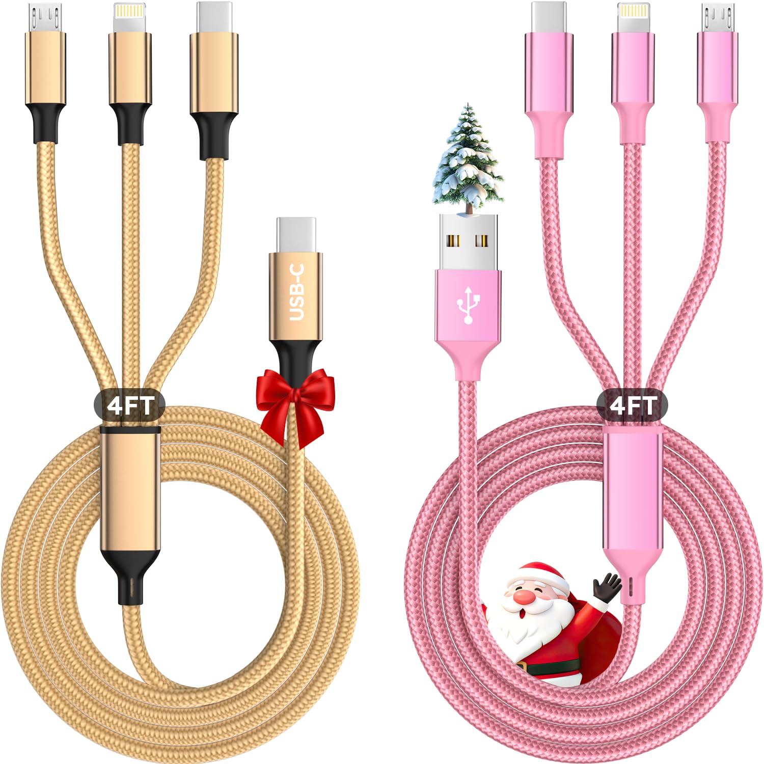 Cavo di ricarica USB 3 in 1, nylon intrecciato da 1,2 m, rosa e oro, confezione da 2