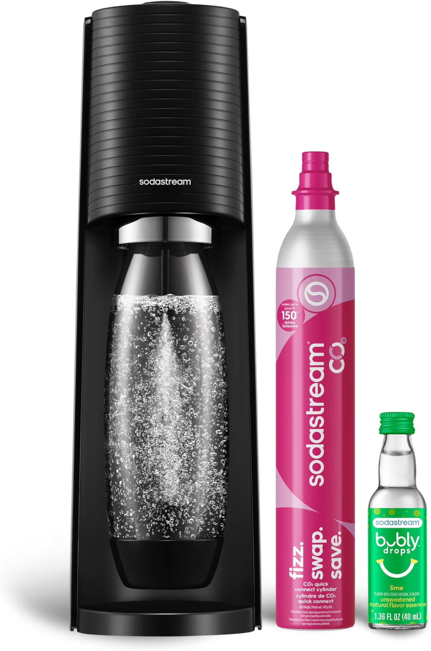 Terra Soda Streaming Machine - STARTER KIT - Sparkling Water Maker with CO2 & Bubly Drop - Eco-Friendly, No Batteries Needed - Black