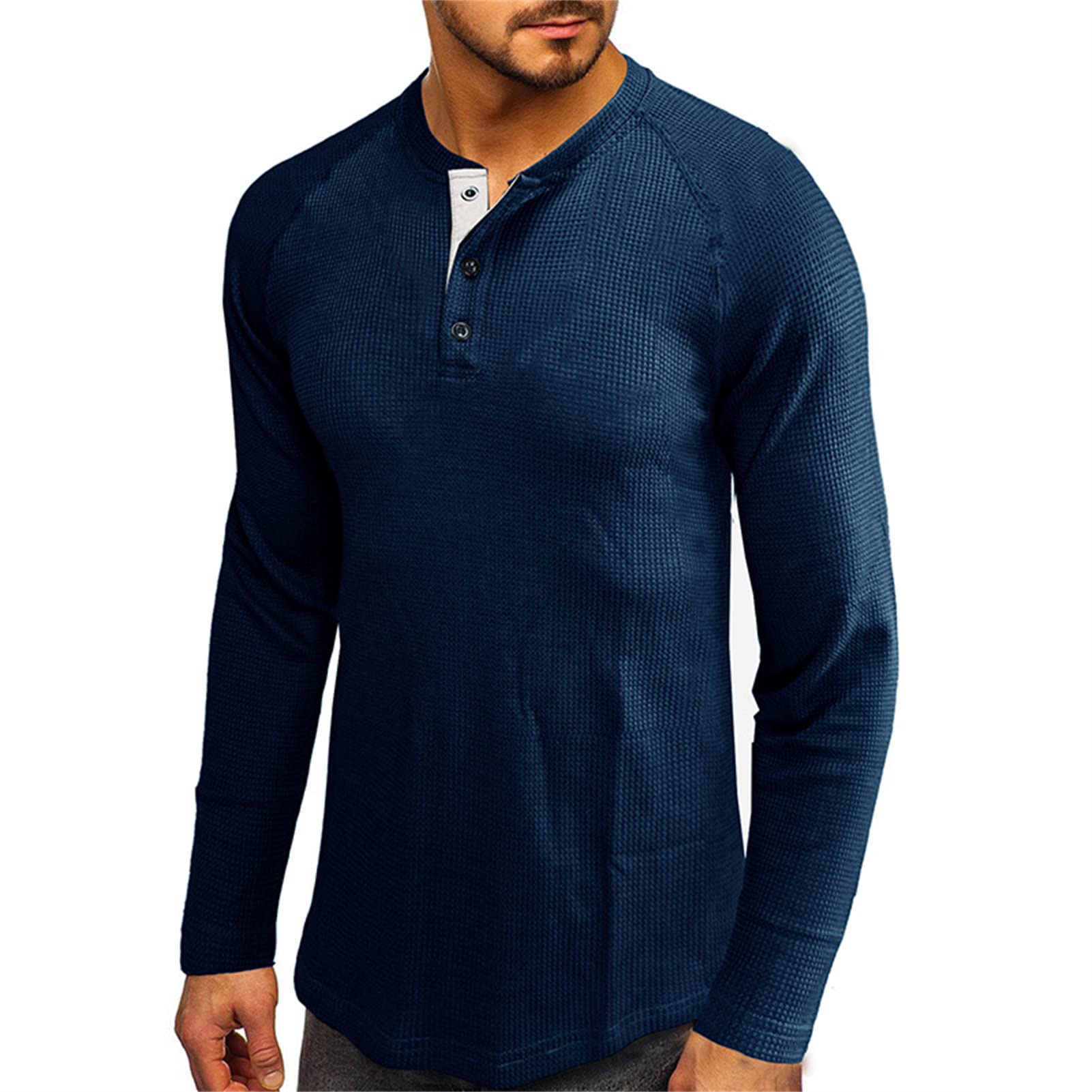 Men's Henley Shirt Long Sleeve Waffle Thermal Underwear Henley Top Casual Slim Fit Lightweight 3 Button T Shirts (Blue,XX-Large)