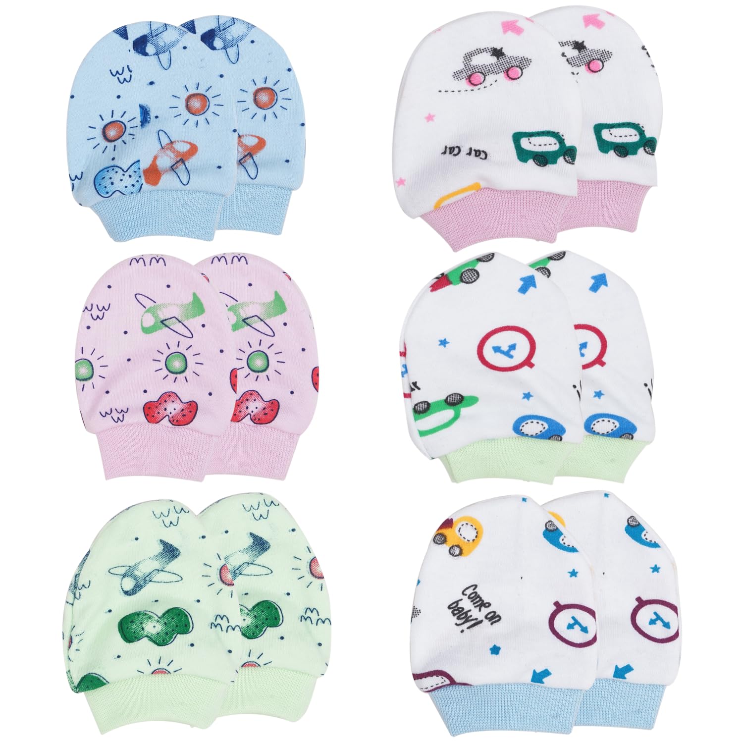 Mittens for New Born Baby Pack of 6 | 100% Cotton Anti-Scratch Mittens Set 0 to 6 Months | Soft Baby Hand Gloves with Ribbed Cuffs | Breathable Elastic Fit New Born Mittens | Boys & Girls