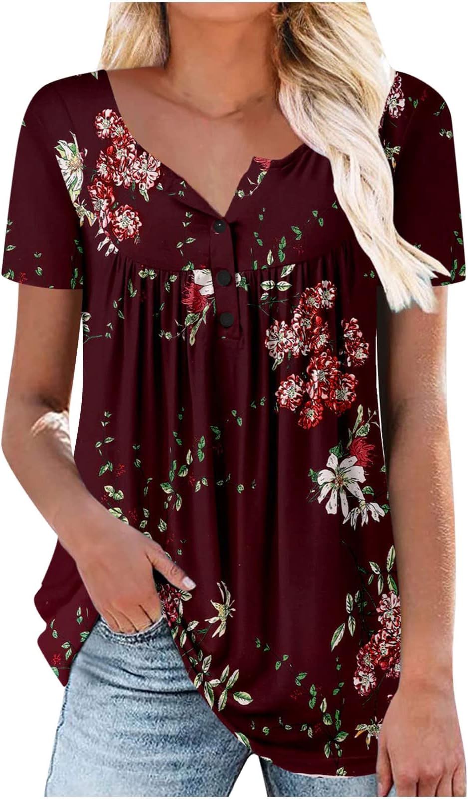 Women Summer Tunic Tops Casual Loose Fit Boho Floral Print t-Shirt Short Sleeve Button Down v Neck Shirt Blouse