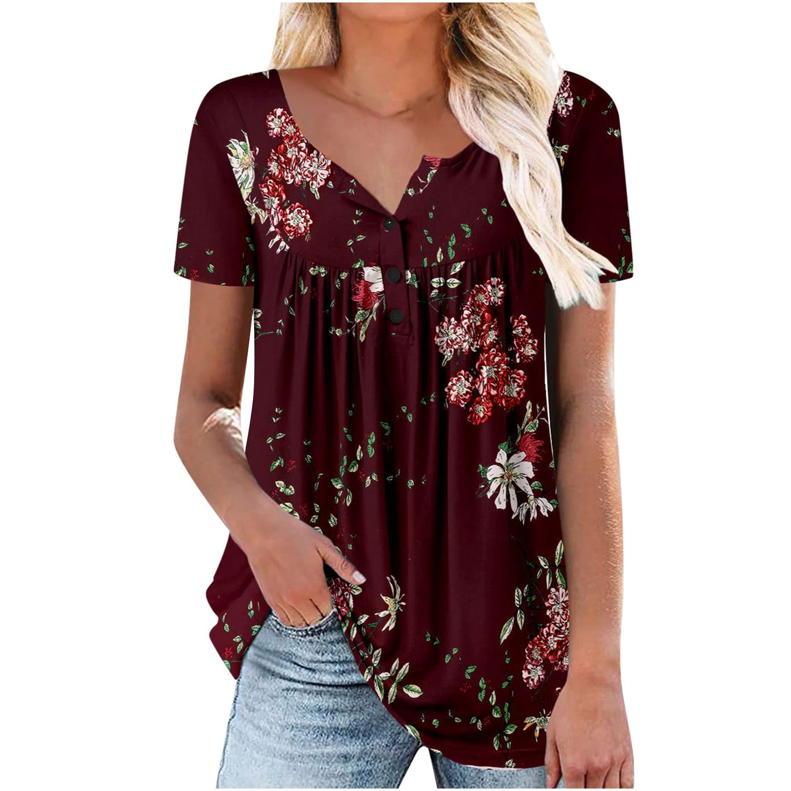 Women Summer Tunic Tops Casual Loose Fit Boho Floral Print t-Shirt Short Sleeve Button Down v Neck Shirt Blouse