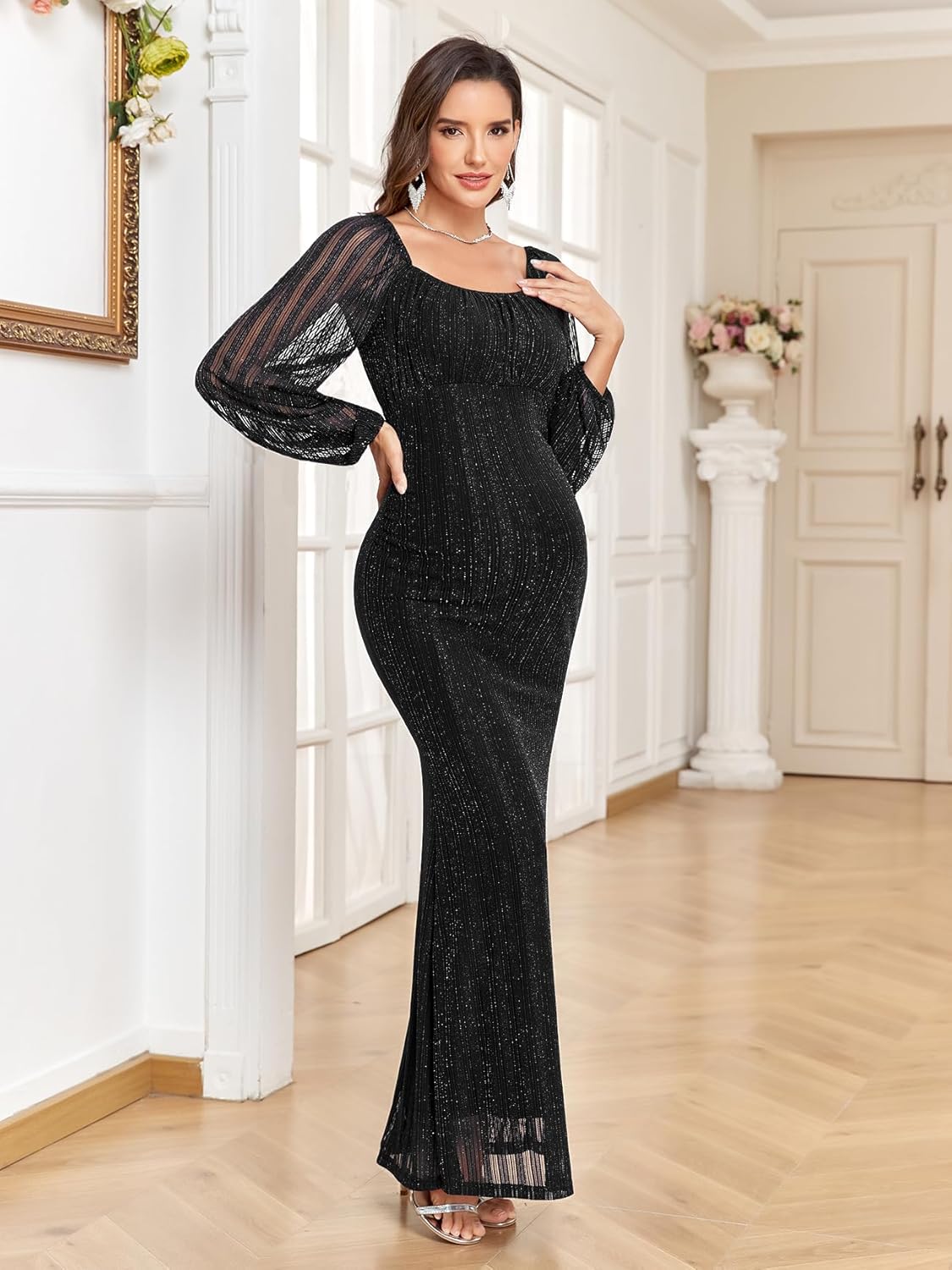 Sparkly Mesh Maternity Dress Long Sleeve Square Neck Baby Shower Pregnancy Dresses for Photoshoot Semi Formal