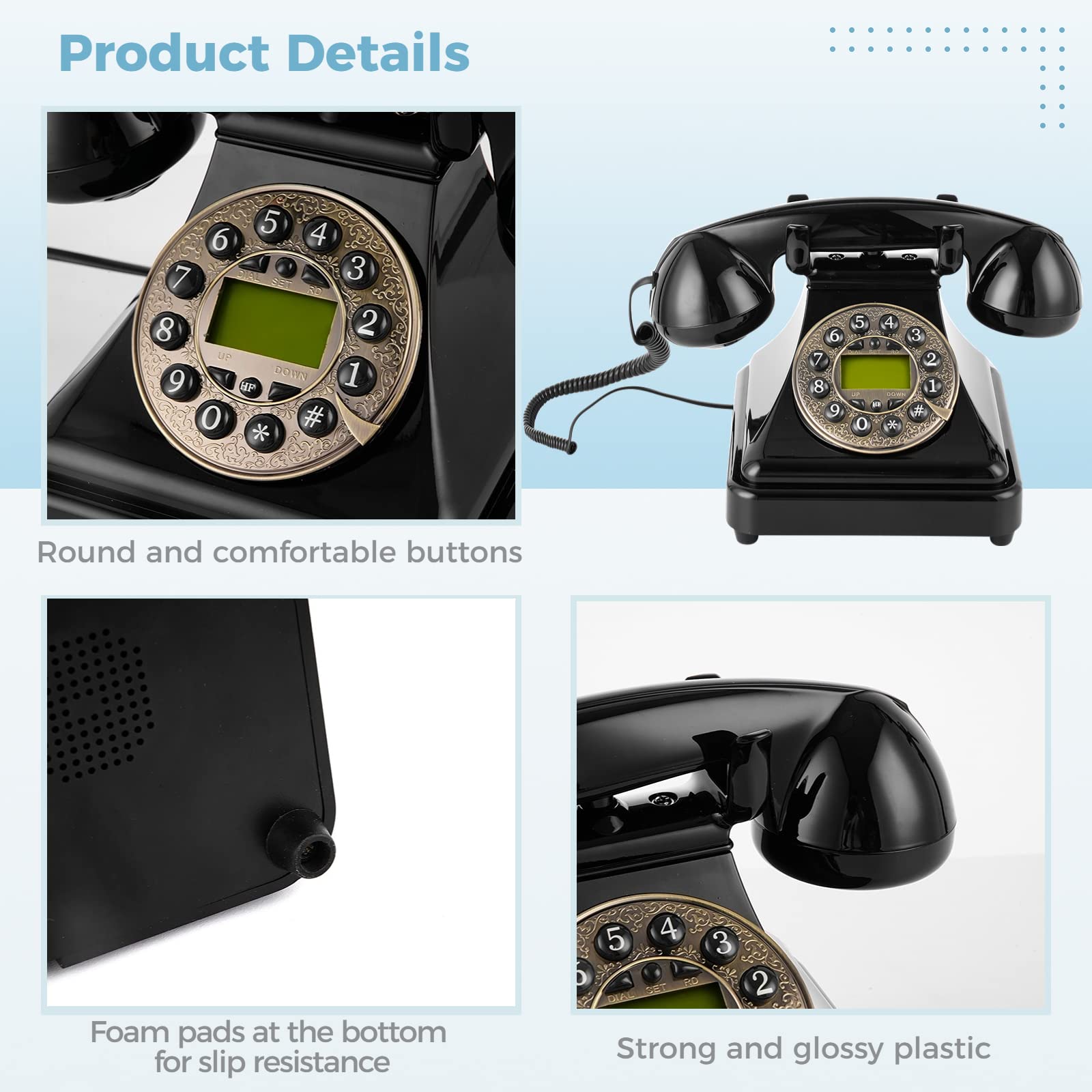Retro Landline Telephone,Old Fashioned Landline Phones with Classic Metal Bell, 1960s Vintage Wire Telephone, Retro Rotary Dial Telephone,Classic Black Corded Phone Redial for Home Office (Black-2)