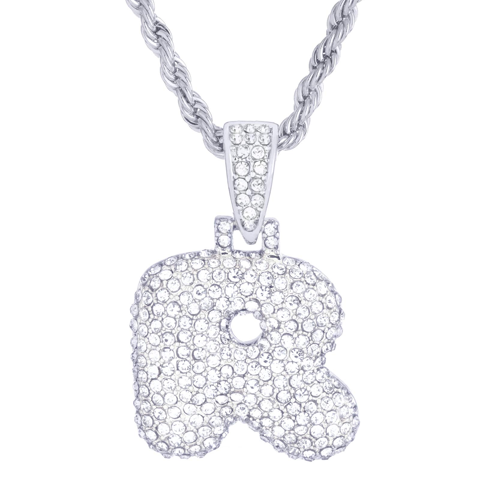 'metaltree98 A - Z Initial Bubble Letter Silver Plated Iced CZ Pendant With 20'' Rope Chain Necklace'
