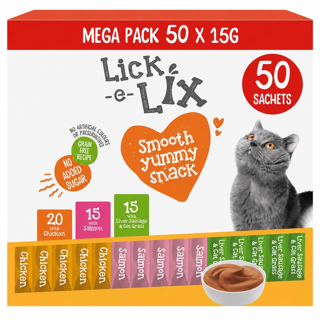 Lick-e-Lix Cat Treats Mega Pack 50 x 15g Sachets Grain Free Chicken Salmon & Liver