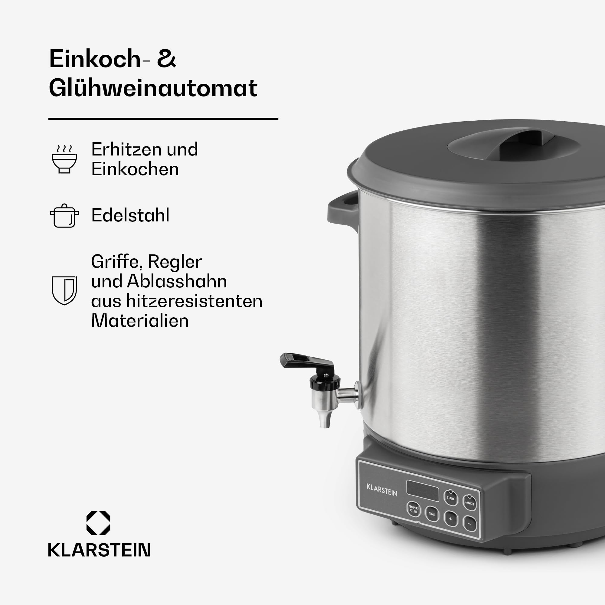 Klarstein Lady Marmalade Einkochautomat Einkochtopf Einkocher Heißgetränkespender, 27 Liter, 1800 Watt, 30-100 °C, Timer, Warmhalte-Funktion, Überhitzungsschutz, Edelstahl gebürstet
