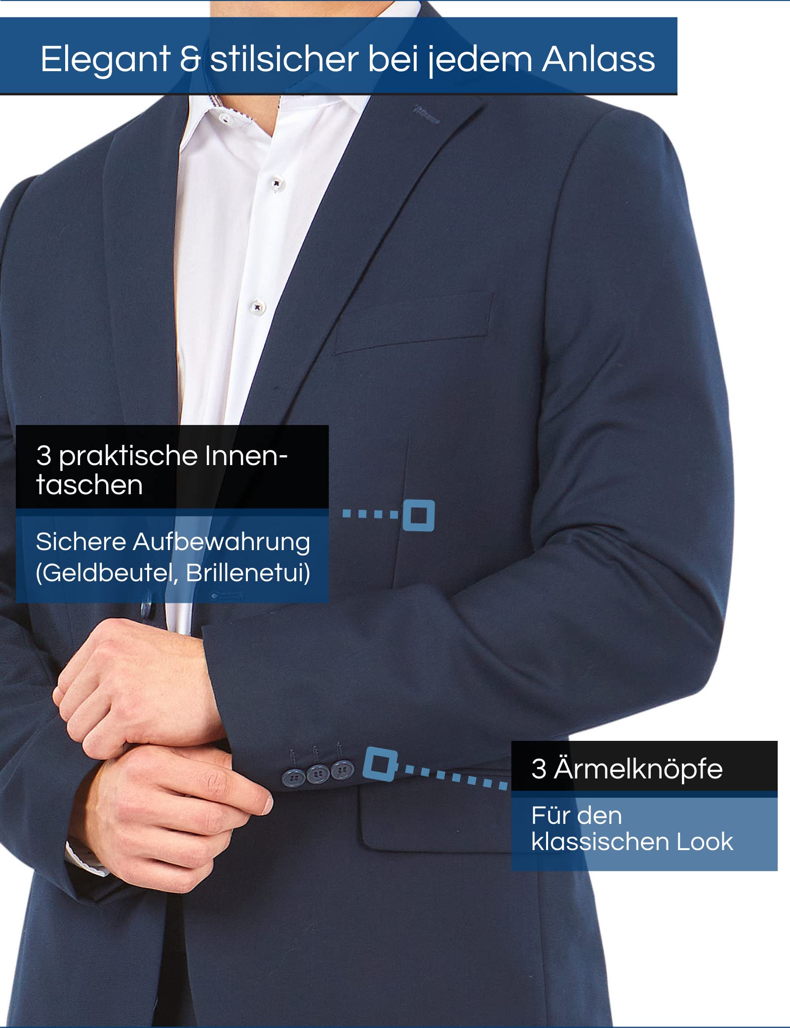 Mill&Tailor Herren Sakko Marine Tony I Schickes Sakko für Männer I Baukasten System I Modern & Sportlich I Jackett für Hochzeit & Business I Herrensakko für kräftige Männer