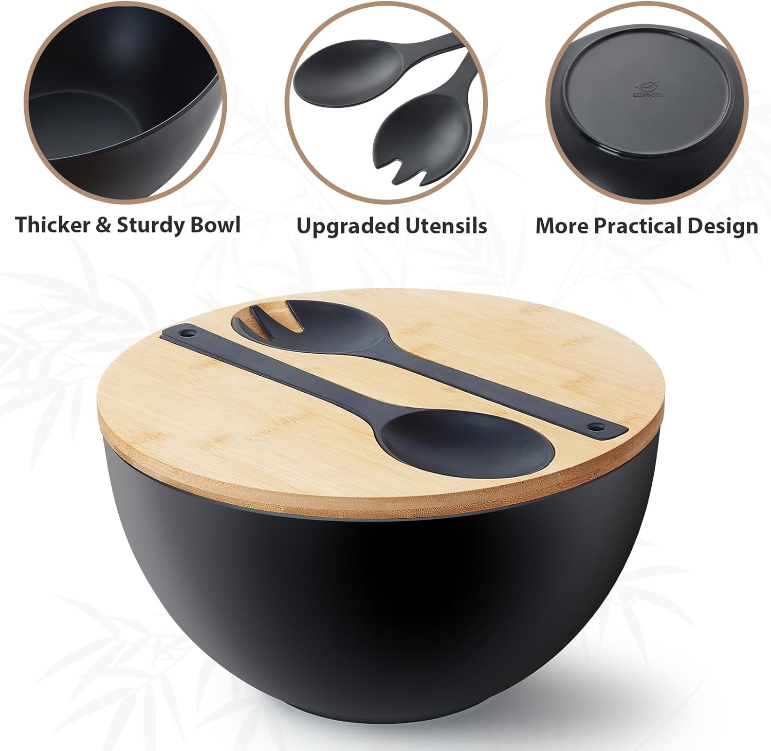 11.3" Extra Large Salad Bowl with Wooden Lid & Servers, 208Oz, Oversized Bamboo Fiber Salad Serving Set with Utensils for Home/Kitchen, Big Lightweight Bowl for Mixing Salad,Fruit,Pasta - Matte Black - Image 2