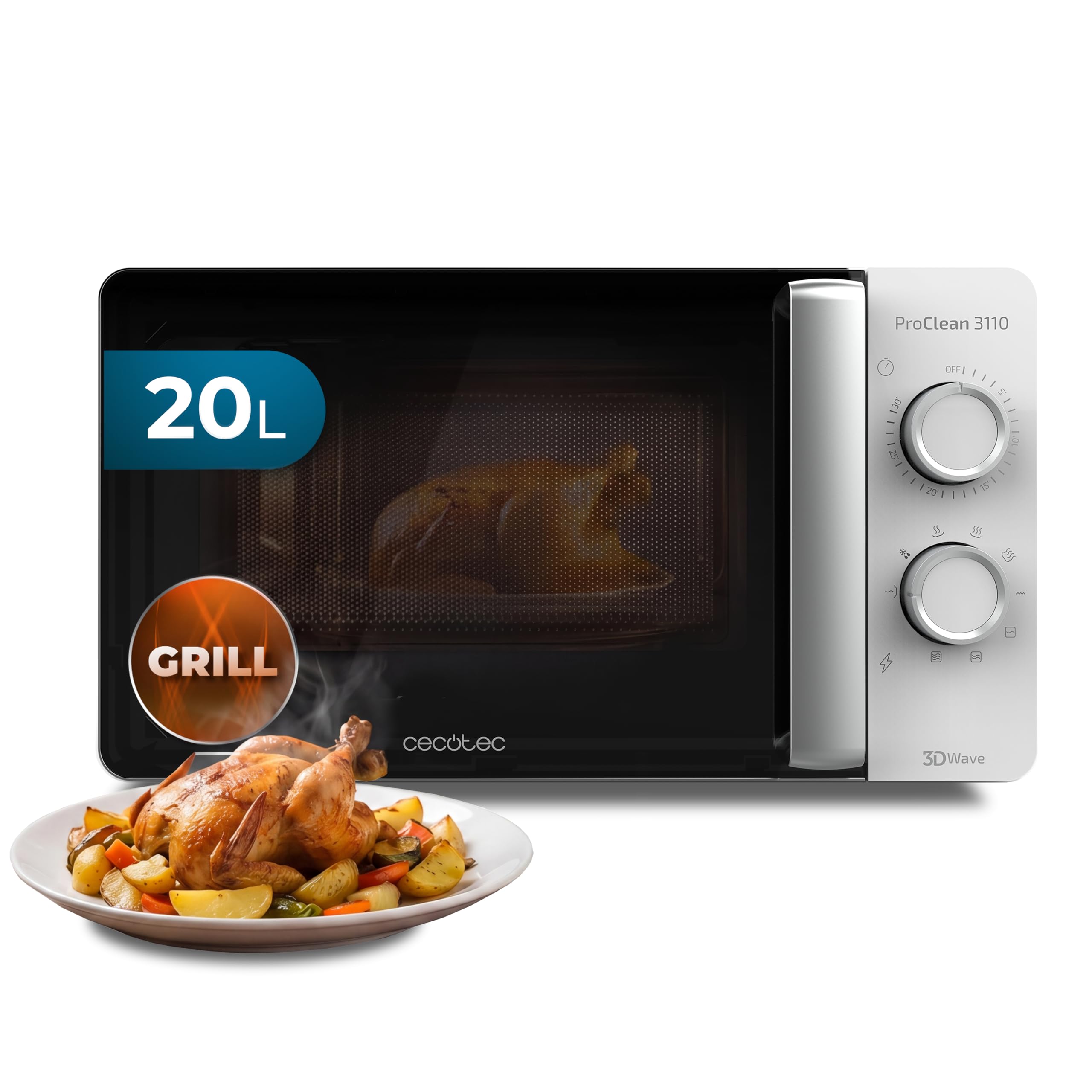 Cecotec Microondas con Grill 20L ProClean 3110 Wave. 700 W, Grill 800 W, 20 L de capacidad, TecnologÃa 3DWave, Modo Descongelación, 6 Niveles de Potencia, Temporizador 30 mins, Blanco