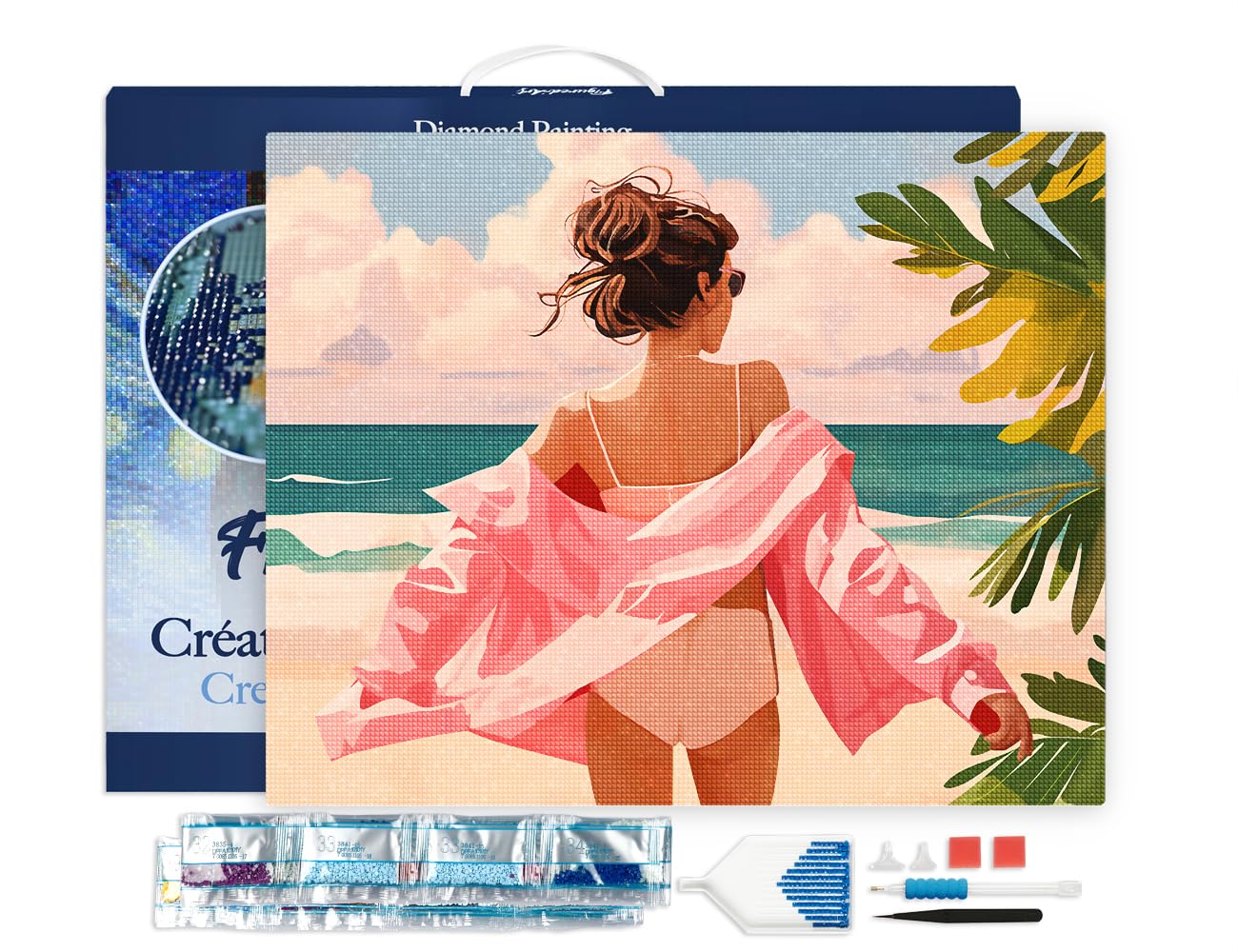 Broderie Diamant 40x50cm avec Cadre Figured'Art : Kit Complet Profitez de la plage Strass Carrés