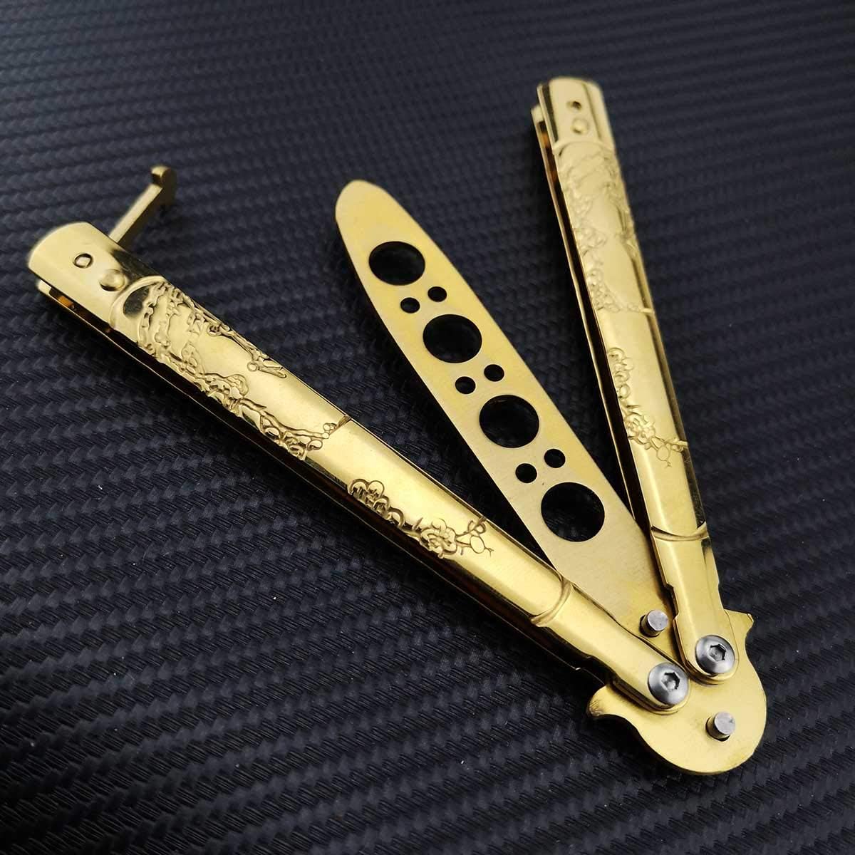 OEEK Beautiful Gold Titaniums Butterfly Knife Trainer Practice Steel Metal Folding Knife Unsharpened Blade
