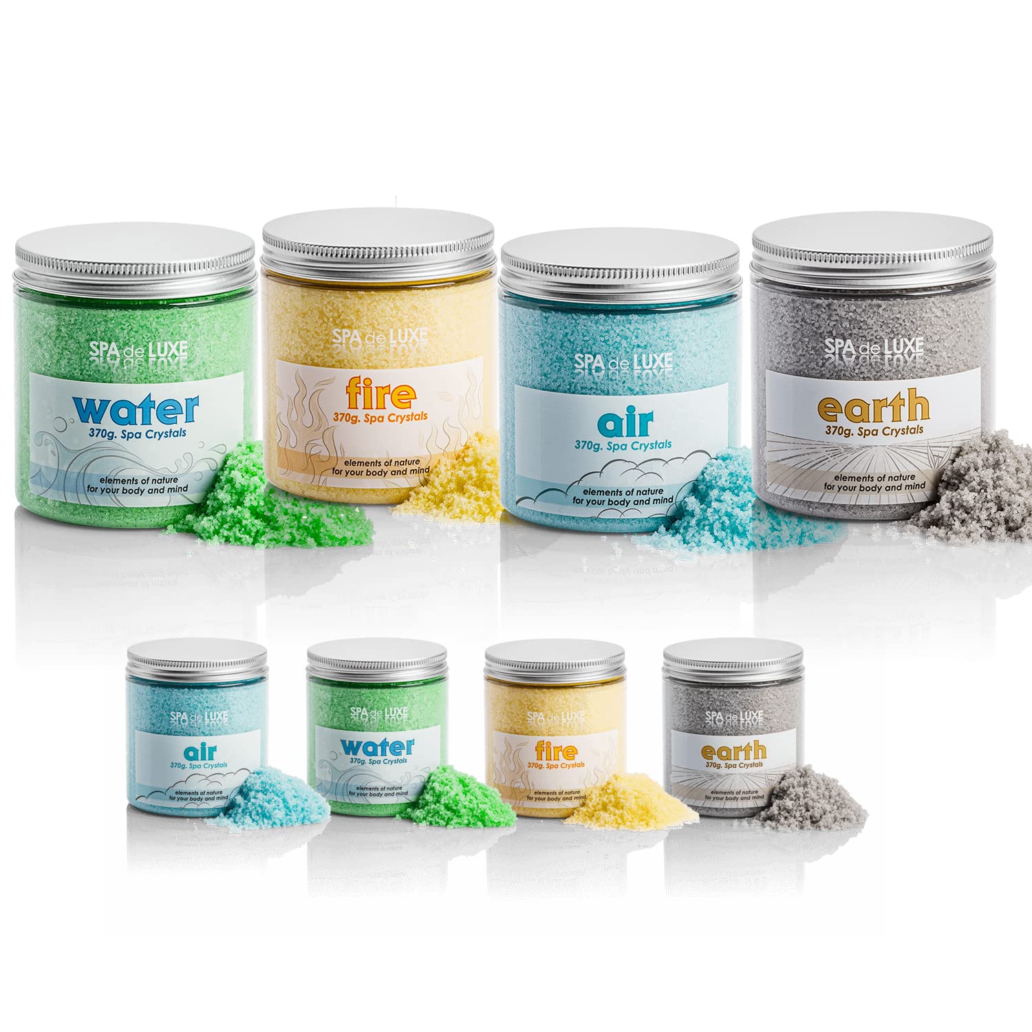 Sales de baño Set 4x370g de aire, agua, fuego, tierra. - 100% natural - Ideal para dormir bien - Antiestrés - Baño - Cuidado del cuerpo - Bienestar - Belleza - Relajación - Spa Gránulo
