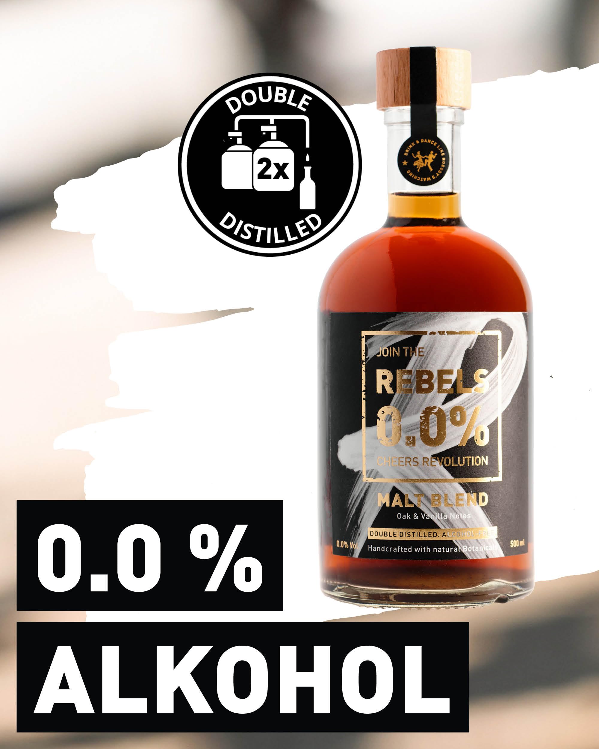 REBELS 0.0% Alkoholfreie Alternative Inspiriert von Whisky - Malt Blend - Doppelt Destilliert für Intensives Aroma - Vegan & Alkoholfrei - Zum Mixen für alkoholfreie Cocktails - 500 ml