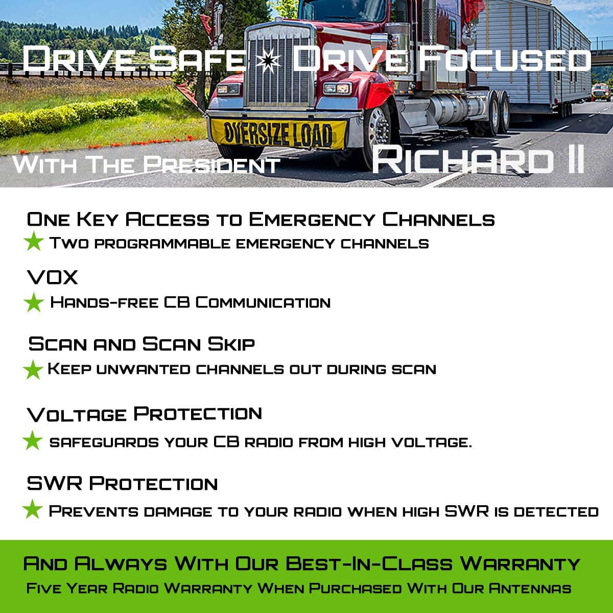 President Richard II 10 Meter Amateur Radio Service 28 to 29.7MHz, OEM Truck Size, with Voltage Protection