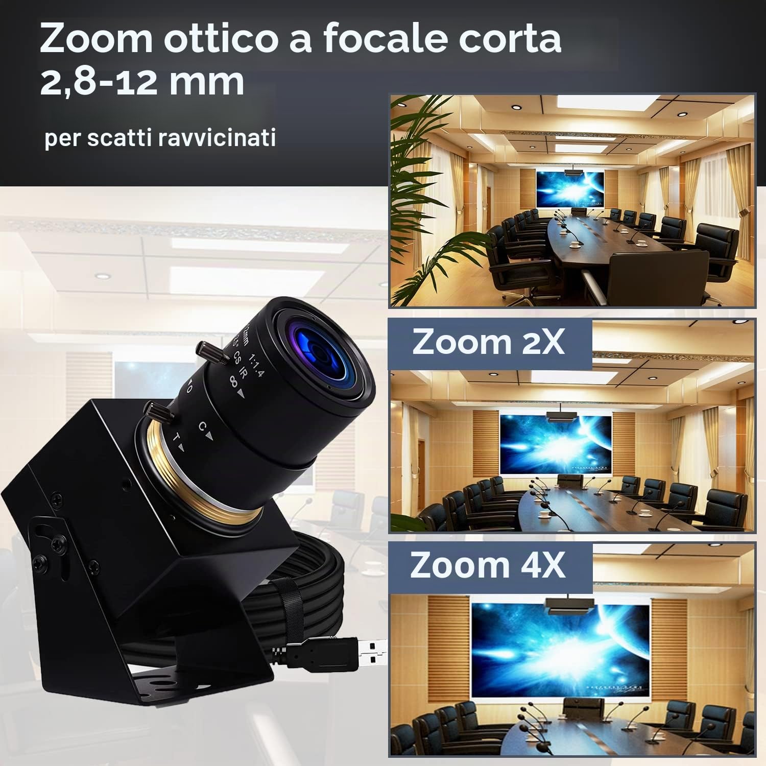Svpro Zoom Webcam 8MP USB per PC Laptop Fotocamera esterna per computer con obiettivo varifocale da 2,8-12 mm Fotocamera UVC per montaggio su treppiede, su superficie e a parete