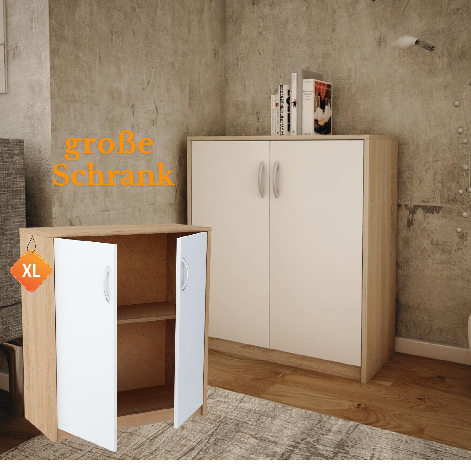 Meblando uniwersalna szafa 74 x 35 x 85 cm, szafa na ubrania biała i dąb, wielofunkcyjna szafa na akta lub meble do korytarza, komoda – 74 cm szerokości, wysoka jakość