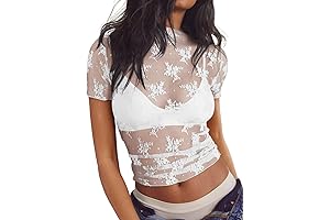 Women&#x27;s Summer Sexy Mesh Sheer Short Sleeve Lace See Through Y2K Trendy T-Shirts Tops