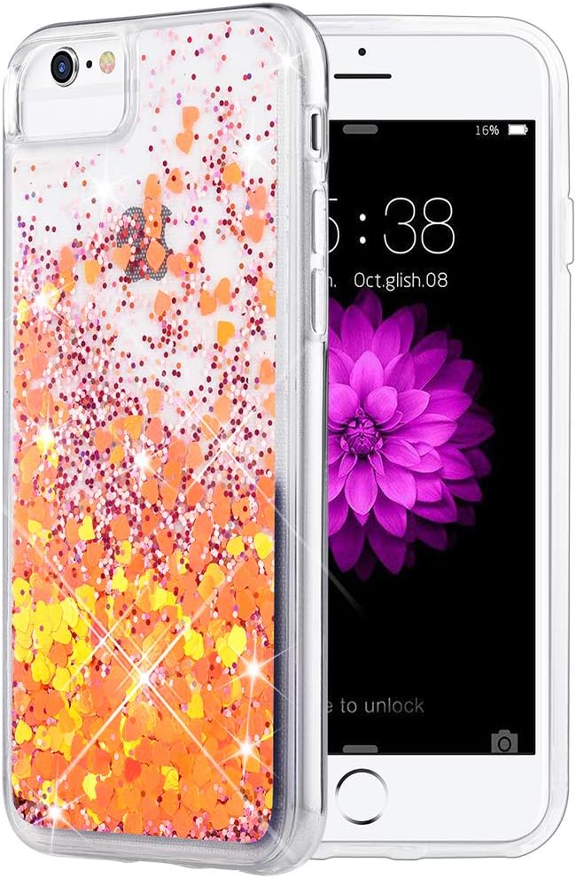Caka iPhone 6S Plus Case, Flowing Liquid Floating Luxury Bling Glitter Sparkle TPU Bumper Case for iPhone 6 Plus/6S Plus/7 Plus/8 Plus (5.5 inch) - (Orange)
