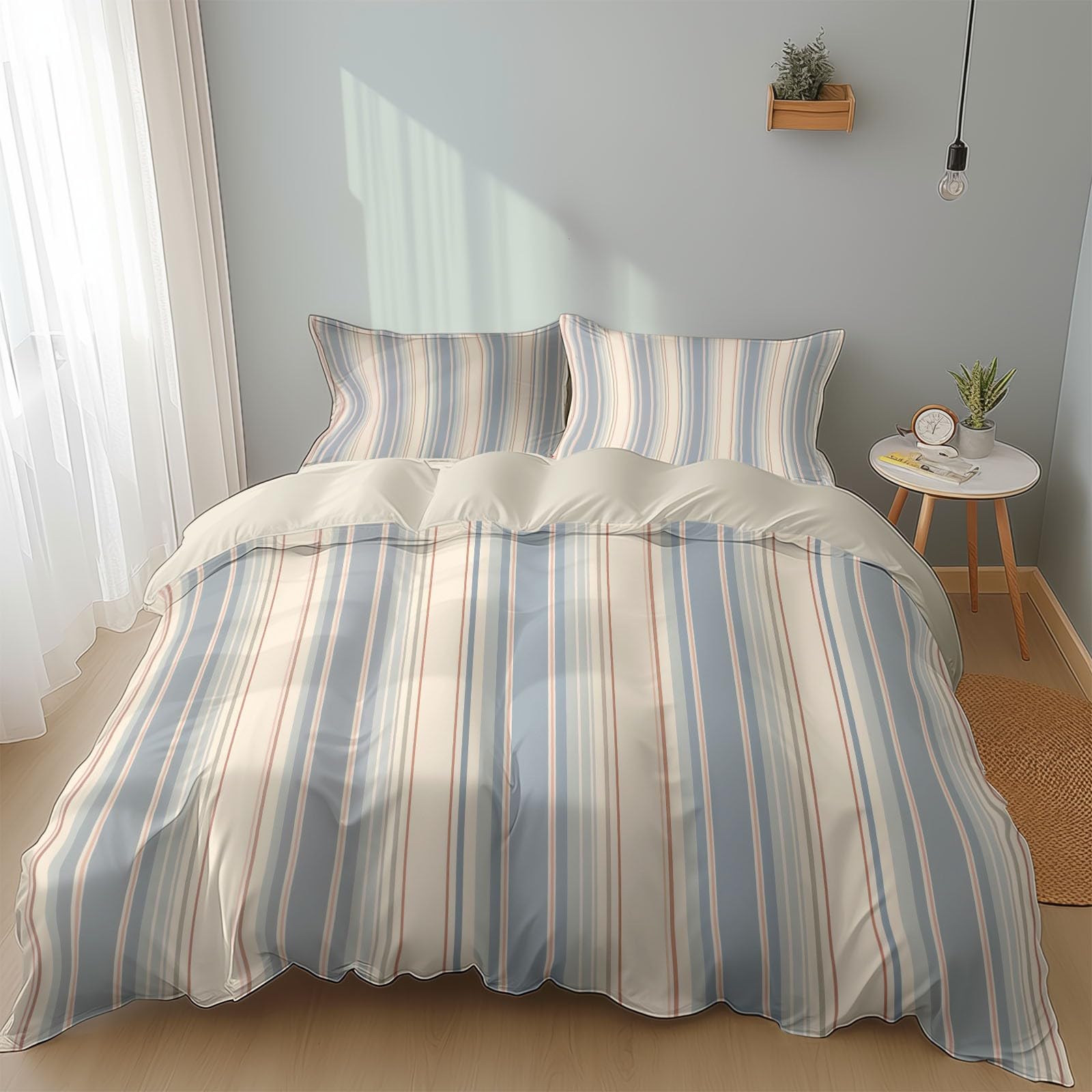 Poszwa na kołdrę 200 x 200 cm z 2 poszewkami na poduszki - niebiesko-białe linie dwustronny, komplet pościeli dla dorosłych, 100% mikrofibra, komplet 2-osobowy z zamkiem błyskawicznym, szary