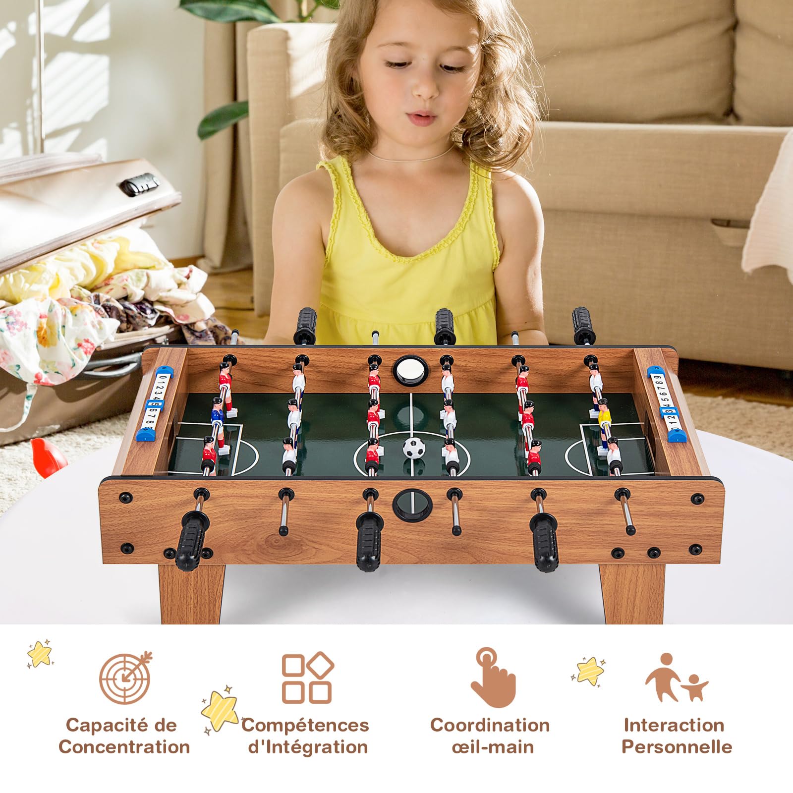 COSTWAY Baby-Foot en Bois avec Poignée Durable & 18 Joueurs, Table de Jeu avec 2 Ballons & 2 Tableau de Bord, Jouets pour Adulte et Enfant pour Fête, Bar, Salle de Jeux, 69 x 36 x 24 cm…