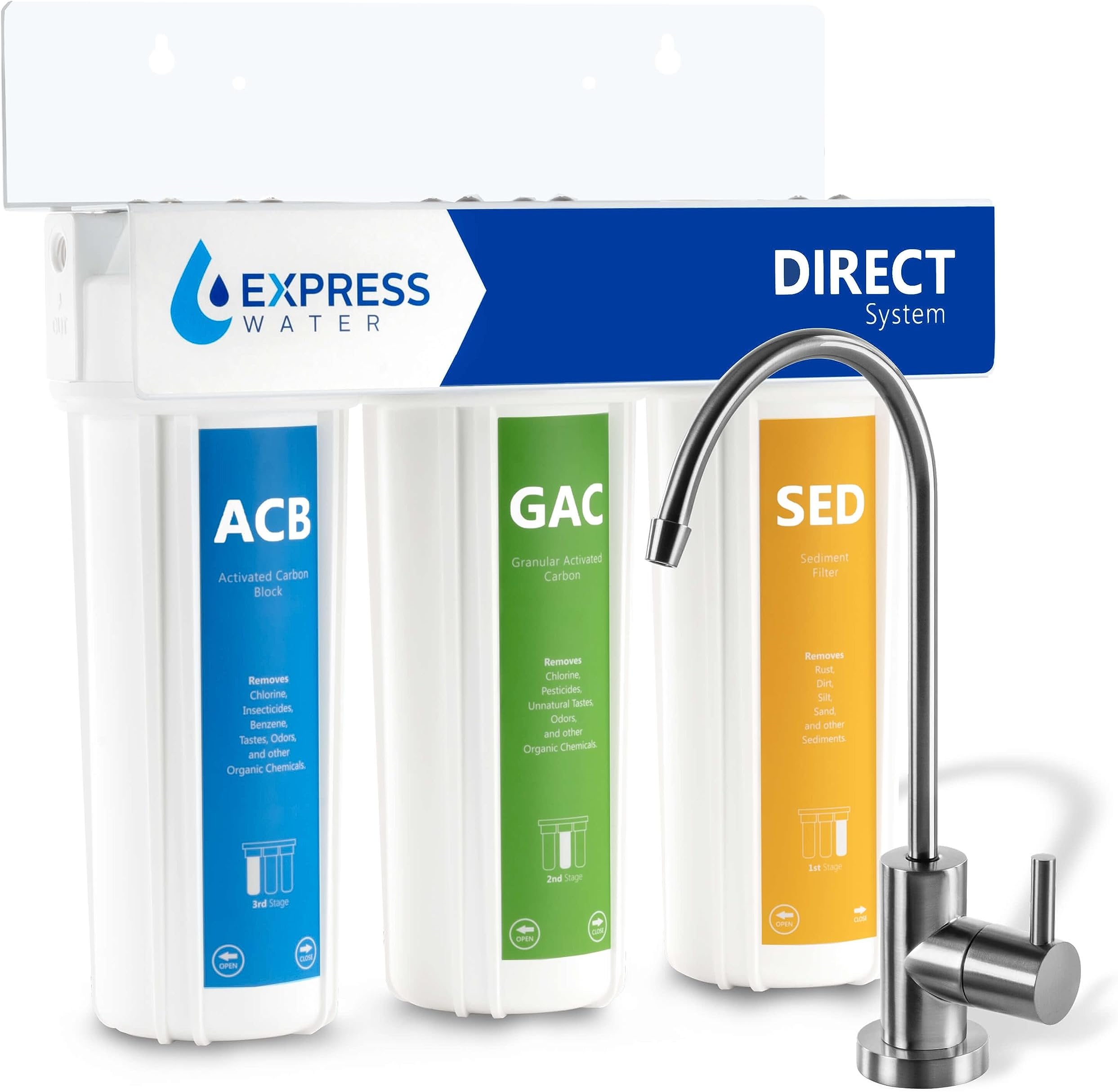 Direct Water Filtration System โ 3 Stage Direct Water Filter System with Chrome Faucet โ Under Sink Water Filter โ Sediment, Activated Carbon Block, and Granular Activated Carbon Filters