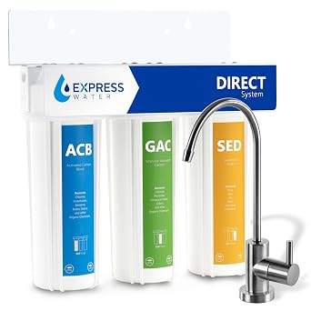 Express Water Direct Water Filtration System 3 Stage Direct Water Filter System with Chrome Faucet Under Sink Water Filter Sediment, Activated Carbon Block, and Granular Activated Carbon Filters