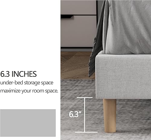 Miniatura 4 de Zoophyter Base de cama tapizada de tamaño individual con cabecero, listones de madera fuertes, no necesita somier, fácil montaje, lino blanco