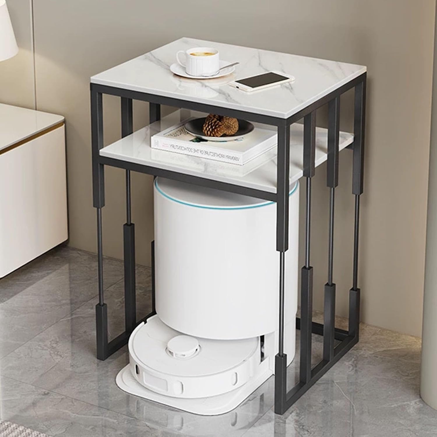 JKGHK Robot Vacuum Hidden Cabinet, Sweeping Robot Storage Stand Rack with Open Storage Shelves, Side Table for Small Spaces Bedroom, End Side Table for Home Office(Black+Gray,40cm/16in)